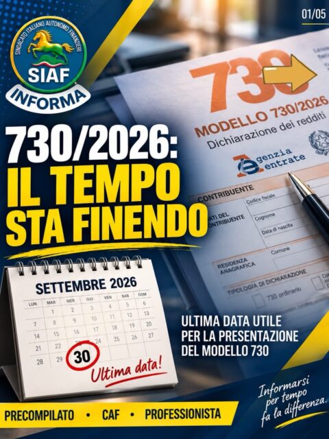 🚨 730: ULTIMI GIORNI! Il 30 settembre è la scadenza da ricordare. 📅 Se devi ancora presentare il modello 730/2026, non aspettare gli ultimi giorni: il 30 settembre 2026 è il termine ultimo per la presentazione del 730 precompilato tramite l’Agenzia delle Entrate. (Info Precompilata) 💶 Detrazioni, deduzioni, spese sanitarie, familiari a carico e rimborsi IRPEF: prima dell’invio, controlla attentamente che i dati della tua dichiarazione siano corretti e completi. 👉 Scorri il carosello: abbiamo raccolto le informazioni essenziali sulla scadenza del 730 e cosa ricordare prima dell’invio. 📌 Salva questo post per non dimenticare la data e condividilo con chi deve ancora presentare il 730. 🔎 Per procedure, requisiti e informazioni aggiornate, fai sempre riferimento ai canali ufficiali dell’Agenzia delle Entrate. #7302026 #730 #modello730 #730precompilato #scadenza730 30settembre dichiarazioneDeiRedditi dichiarazione730 irpef detrazioni detrazioniFiscali rimborsoIRPEF agenziadelleentrate fisco tasse lavoratori pensionati informazione scadenze SIAF