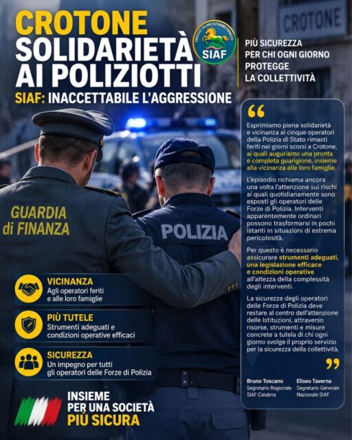 🚨 Crotone, cinque poliziotti feriti: la sicurezza di chi protegge i cittadini deve restare una priorità. 🤝 Il SIAF esprime piena solidarietà e vicinanza agli operatori della Polizia di Stato rimasti feriti, alle loro famiglie e augura loro una pronta e completa guarigione. ⚠️ Anche un intervento apparentemente ordinario può trasformarsi rapidamente in una situazione di grave pericolo. 🛡️ Per questo servono strumenti adeguati, una legislazione efficace, risorse e condizioni operative capaci di tutelare concretamente tutti gli operatori delle Forze di Polizia. 🇮🇹 Proteggere chi garantisce ogni giorno la sicurezza della collettività significa rafforzare la sicurezza di tutti. 📄 link in bio - COMINICATI STAMPA