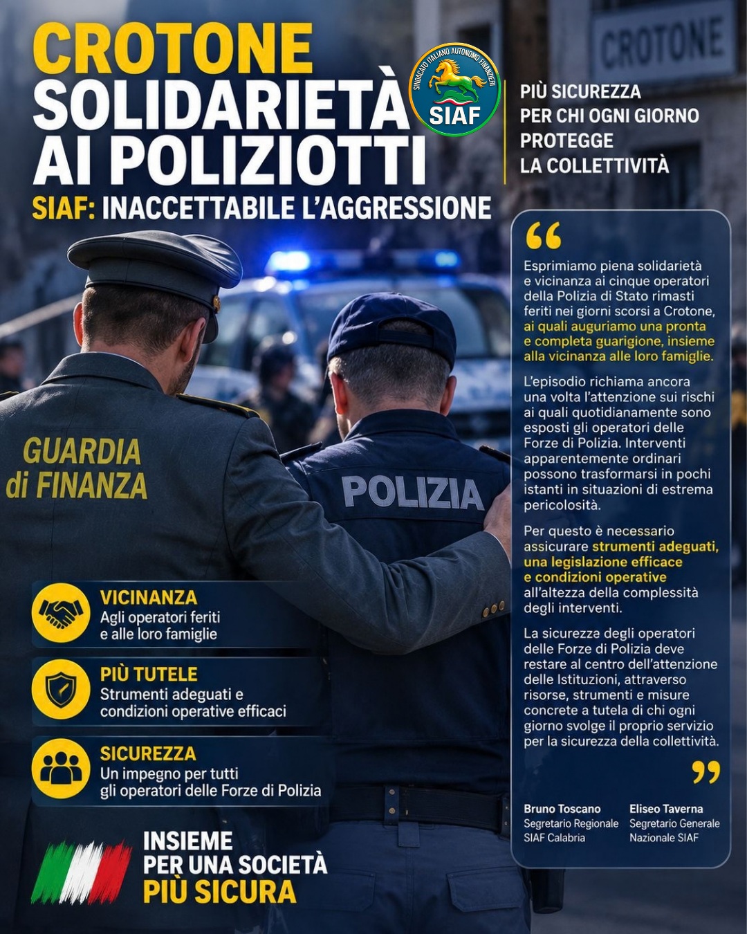 🚨 Crotone, cinque poliziotti feriti: la sicurezza di chi protegge i cittadini deve restare una priorità. 🤝 Il SIAF esprime piena solidarietà e vicinanza agli operatori della Polizia di Stato rimasti feriti, alle loro famiglie e augura loro una pronta e completa guarigione. ⚠️ Anche un intervento apparentemente ordinario può trasformarsi rapidamente in una situazione di grave pericolo. 🛡️ Per questo servono strumenti adeguati, una legislazione efficace, risorse e condizioni operative capaci di tutelare concretamente tutti gli operatori delle Forze di Polizia. 🇮🇹 Proteggere chi garantisce ogni giorno la sicurezza della collettività significa rafforzare la sicurezza di tutti. 📄 link in bio - COMINICATI STAMPA