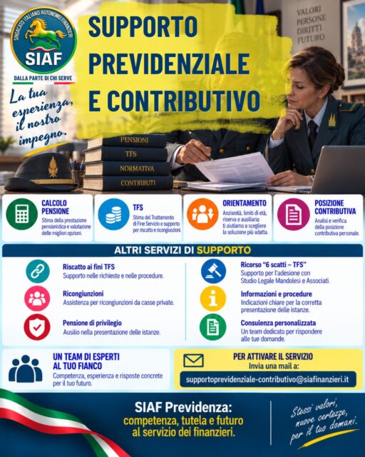 🛡️ Pensione: conoscere oggi significa scegliere meglio domani. Il Servizio di Supporto Previdenziale e Contributivo SIAF affianca gli iscritti nell’analisi della propria posizione, per affrontare con maggiore consapevolezza le scelte che incidono sul futuro previdenziale. 📌 Verifica della posizione contributiva
📊 Simulazioni pensionistiche e valutazione delle possibili decorrenze
💶 Analisi di pensione, TFS/TFR
📑 Supporto su riscatti, ricongiunzioni, ricostituzioni e PA04 🤝 Consulenza personalizzata in base alla situazione individuale
La previdenza non riguarda soltanto il momento del congedo: programmarla per tempo può fare la differenza. 🔖 Salva il post e condividilo con un collega. Per maggiori informazioni, contatta il SIAF. #SIAF #Previdenza #SupportoPrevidenziale #Pensione #Contributi #PosizioneContributiva #TFS #TFR #GuardiaDiFinanza #Finanzieri