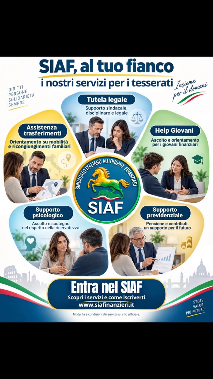 🛡️ ESSERE ISCRITTI AL SIAF SIGNIFICA NON ESSERE SOLI.  💙 Dietro ogni tesseramento c’è un impegno concreto: ascoltare, assistere e tutelare i finanzieri, ogni giorno.  Il SIAF – Sindacato Italiano Autonomo Finanzieri è al fianco dei propri tesserati nelle questioni professionali e personali, offrendo supporto e servizi pensati per rispondere alle esigenze reali dei colleghi.  ⚖️ Tutela legale e assistenza per affrontare situazioni delicate e problematiche di servizio.  📄 Supporto nelle procedure amministrative per pratiche, trasferimenti, mobilità e ricongiungimenti familiari.  👨‍👩‍👧‍👦 Attenzione alla famiglia, con informazioni e assistenza su maternità, paternità e congedi.  🤝 Convenzioni e servizi dedicati, anche attraverso partner qualificati, per offrire opportunità concrete ai nostri iscritti.  📌 Perché il sindacato non deve esserci soltanto quando nasce un problema, ma anche per aiutarti a prevenirlo e affrontarlo con maggiore consapevolezza.  💬 Hai bisogno di informazioni su un servizio o vuoi conoscere i vantaggi riservati ai tesserati? Contatta il SIAF o scrivici in DM.  🔵 SIAF: la tua voce, i tuoi diritti, la nostra responsabilità.  #SIAF #GuardiaDiFinanza #Finanzieri #TutelaSindacale #DirittiDeiLavoratori