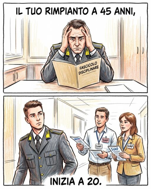 A 20 anni ti senti invincibile e pensi “a me non succederà mai”. A 45 anni capisci quanto cose ti saresti potuto risparmiare se non fossi stato solo. 📄⚠️
Non ignorare chi è pronto a difenderti. Tutelare la tua carriera, i tuoi interessi è una scelta che si fa dal primo giorno di servizio. Il SIAF c’è oggi, per proteggere il tuo domani. 🛡️
#siaf #helpgiovani #tutela #guardiadifinanza #futuro A 23 anni la pensione sembra così lontana. I problemi sono altri e il primo stipendio te lo godi spensierato con i colleghi. Ed è giusto così. 🍻 Ma attenzione: ciò che accettiamo passivamente oggi, determinerà il tuo domani. 📉
Non lasciare che l’indifferenza diventi il@modo di affrontare il tuo domani. Lottare per rinnovi contrattuali dignitosi e tutele previdenziali è una battaglia che va affrontata adesso. Il SIAF è in prima linea per difendere il tuo potere d’acquisto, oggi e in futuro. 💶 #siaf #helpgiovani #rinnovicontrattuali #guardiadifinanza #futuro L’autorevolezza non te la cuce il sarto sulla divisa insieme al grado: si costruisce giorno per giorno, studiando le norme, conoscendo a fondo i propri diritti e quelli dei colleghi. 📚⚖️
Se vuoi essere un punto di riferimento saldo per il tuo futuro Reparto, devi iniziare a formarti oggi. Partecipare alla vita sindacale e informarsi con il SIAF non è solo una questione di tutela personale, è il primo passo per diventare un leader consapevole e preparato di domani. 🌟 #siaf #competenze #leadership #guardiadifinanza #helpgiovani Scrollare passivamente la propria vita a 25 anni pensando che il futuro “non ci riguardi” sembra la strada più facile. Ma l’indifferenza di oggi è il prezzo che pagherai a 50 anni. 📱➡️👔
Non lasciare che siano gli altri a scrivere le regole della tua carriera e a decidere del tuo futuro. I diritti non cadono dal cielo, si conquistano con l’informazione e la partecipazione. Prendi in mano il tuo domani, oggi. Il SIAF è la tua bussola. 🧭💛💚 #siaf #helpgiovani #guardiadifinanza #diritti #futuro Non sei mai solo quando indossi la divisa e quando la svesti. E non devi esserlo nemmeno quando si tratta di difendere i tuoi diritti. 🤝
Il SIAF non è solo un sindacato, è una vera e propria comun