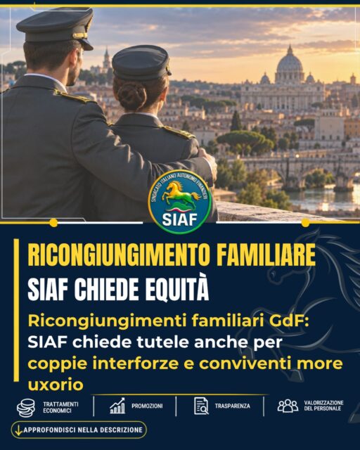 👨👩👧👦 Due persone in divisa, una famiglia divisa. Le regole sulla mobilità non tutelano tutte le coppie allo stesso modo. ⚖️ Il SIAF chiede di aggiornare il Testo Unico sulla mobilità della Guardia di Finanza, estendendo la possibilità di richiedere il ricongiungimento familiare anche alle coppie interforze e ai conviventi di fatto. 💍 Una tutela oggi prevista da uno specifico istituto per i coniugi entrambi appartenenti alla Guardia di Finanza. 🤝 La proposta non prevede trasferimenti automatici, ma valutazioni concrete, coordinate e motivate, nel rispetto delle esigenze operative. 🛡️ Perché tutelare la famiglia significa anche riconoscere le nuove realtà professionali e affettive. 📄 link in bio - azioni sindacali