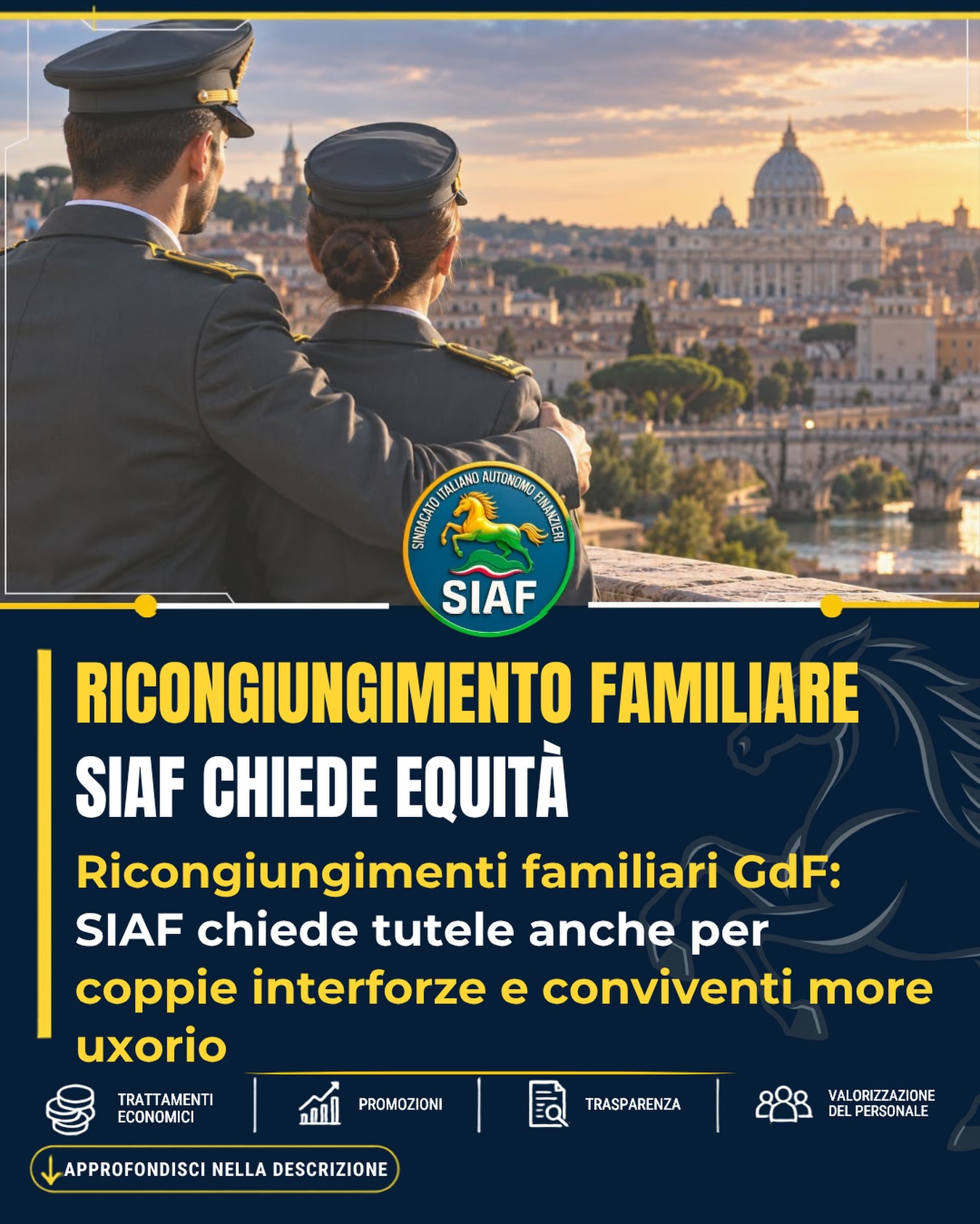 👨👩👧👦 Due persone in divisa, una famiglia divisa. Le regole sulla mobilità non tutelano tutte le coppie allo stesso modo. ⚖️ Il SIAF chiede di aggiornare il Testo Unico sulla mobilità della Guardia di Finanza, estendendo la possibilità di richiedere il ricongiungimento familiare anche alle coppie interforze e ai conviventi di fatto. 💍 Una tutela oggi prevista da uno specifico istituto per i coniugi entrambi appartenenti alla Guardia di Finanza. 🤝 La proposta non prevede trasferimenti automatici, ma valutazioni concrete, coordinate e motivate, nel rispetto delle esigenze operative. 🛡️ Perché tutelare la famiglia significa anche riconoscere le nuove realtà professionali e affettive. 📄 link in bio - azioni sindacali